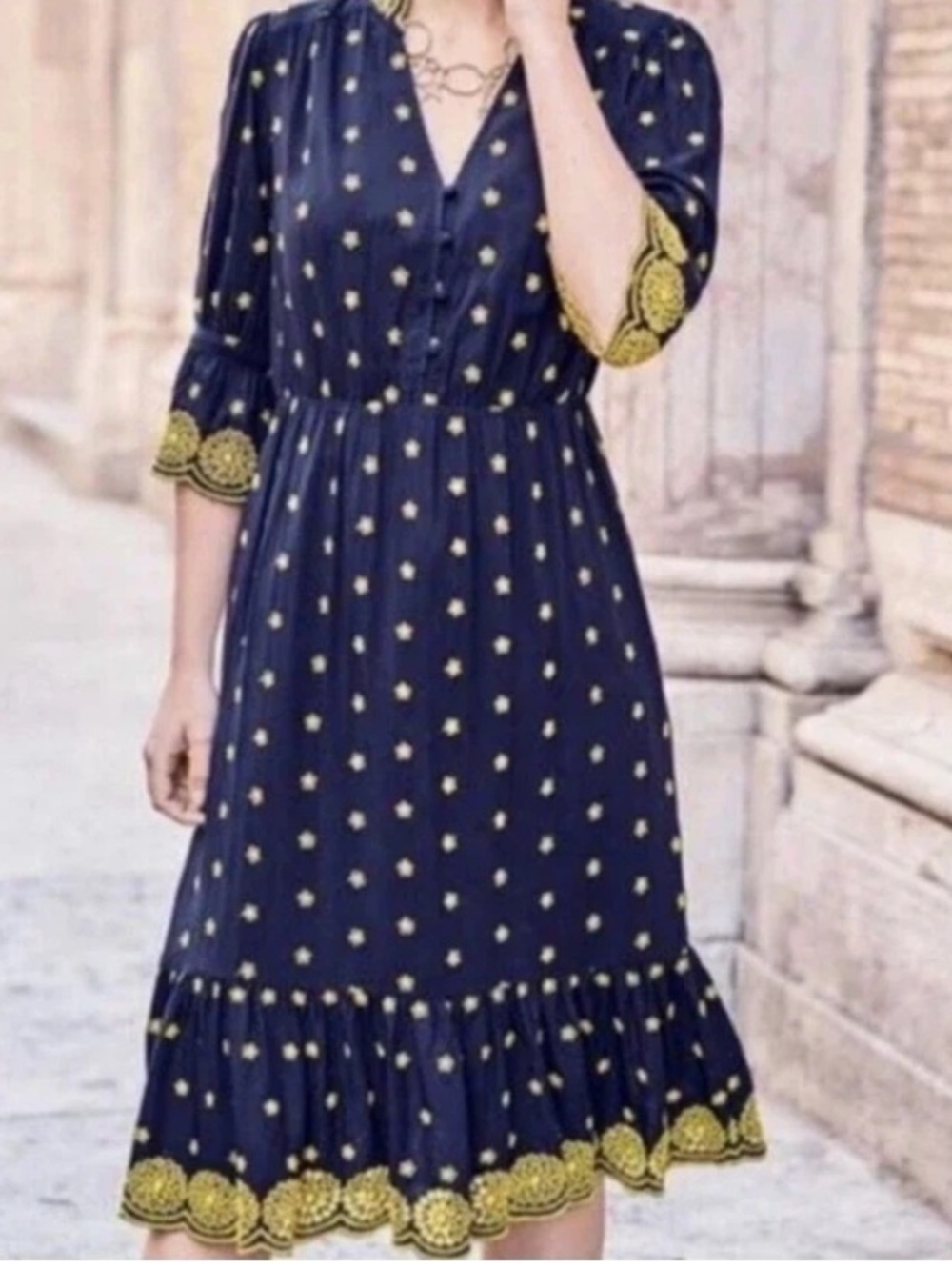 Boden Bronwen Dress Womens 4P Blue Yellow Floral Embroidered Eyelet Midi Boho